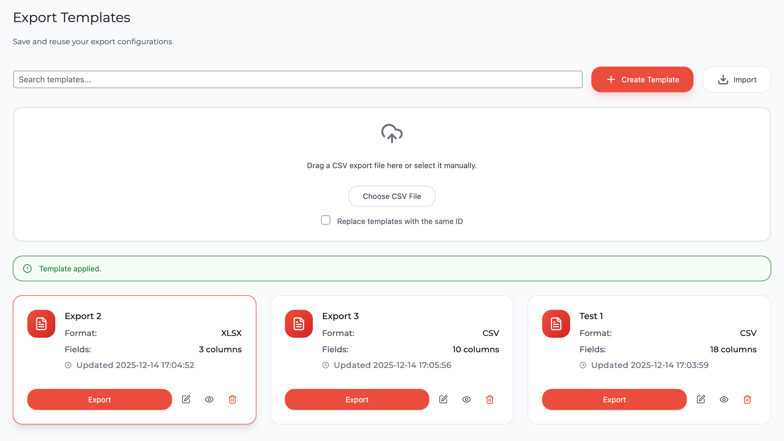 Export Templates Page