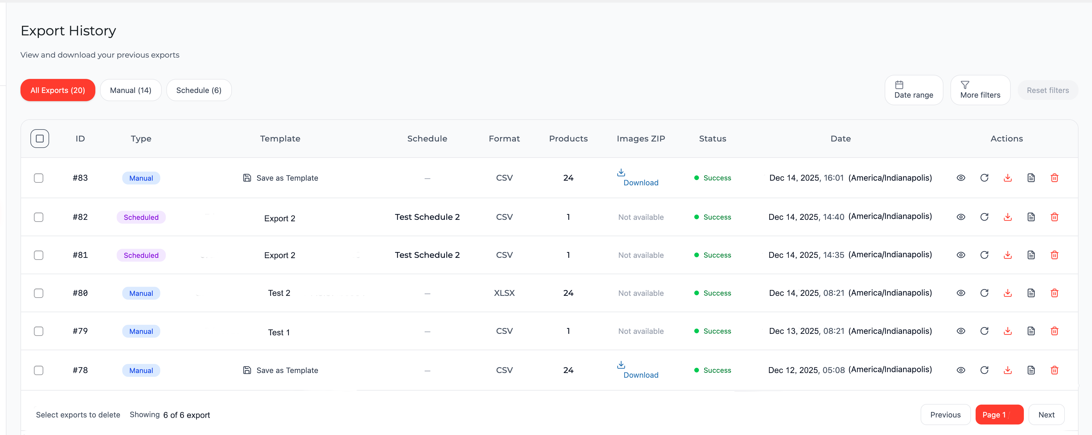 Export History Table