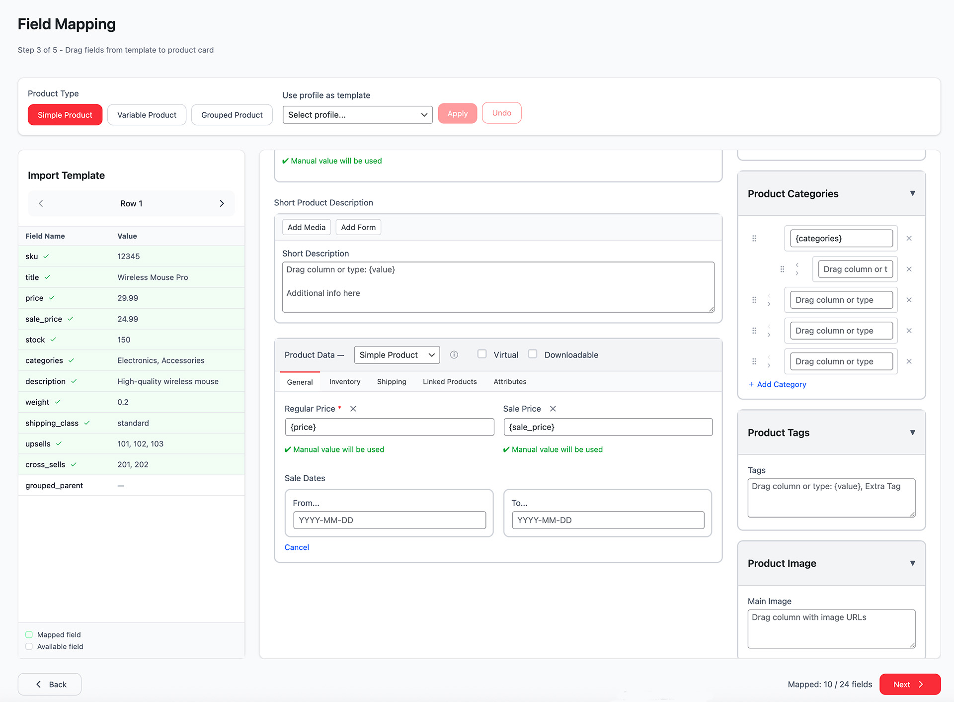 Field Mapping - Product Card Details