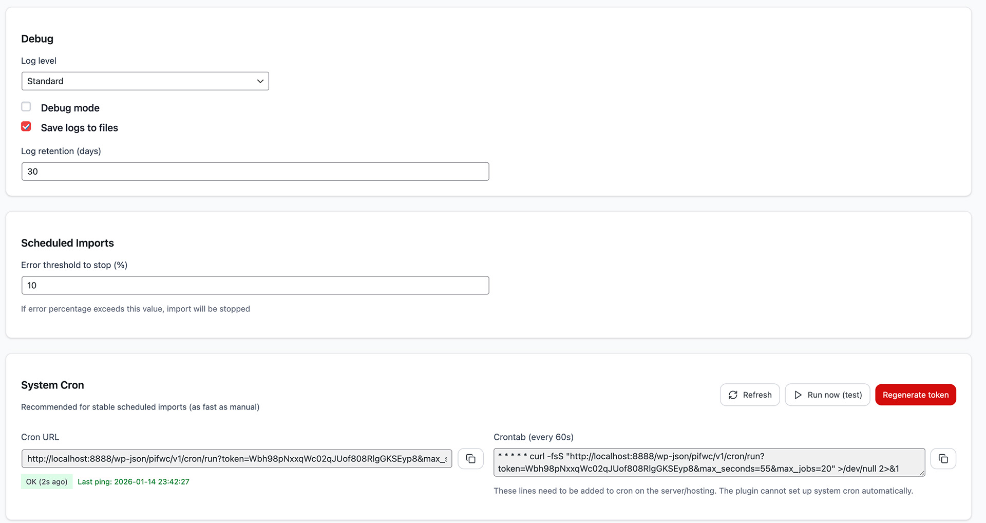 Settings - Debug, Scheduled Imports, System Cron