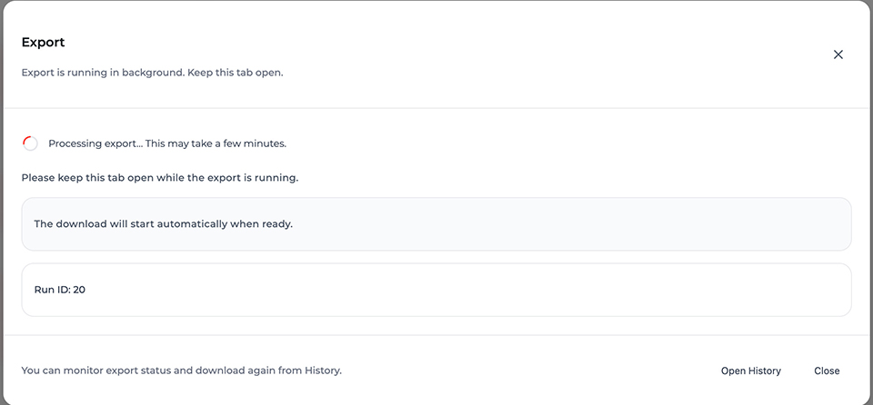 Export modal (running in background)